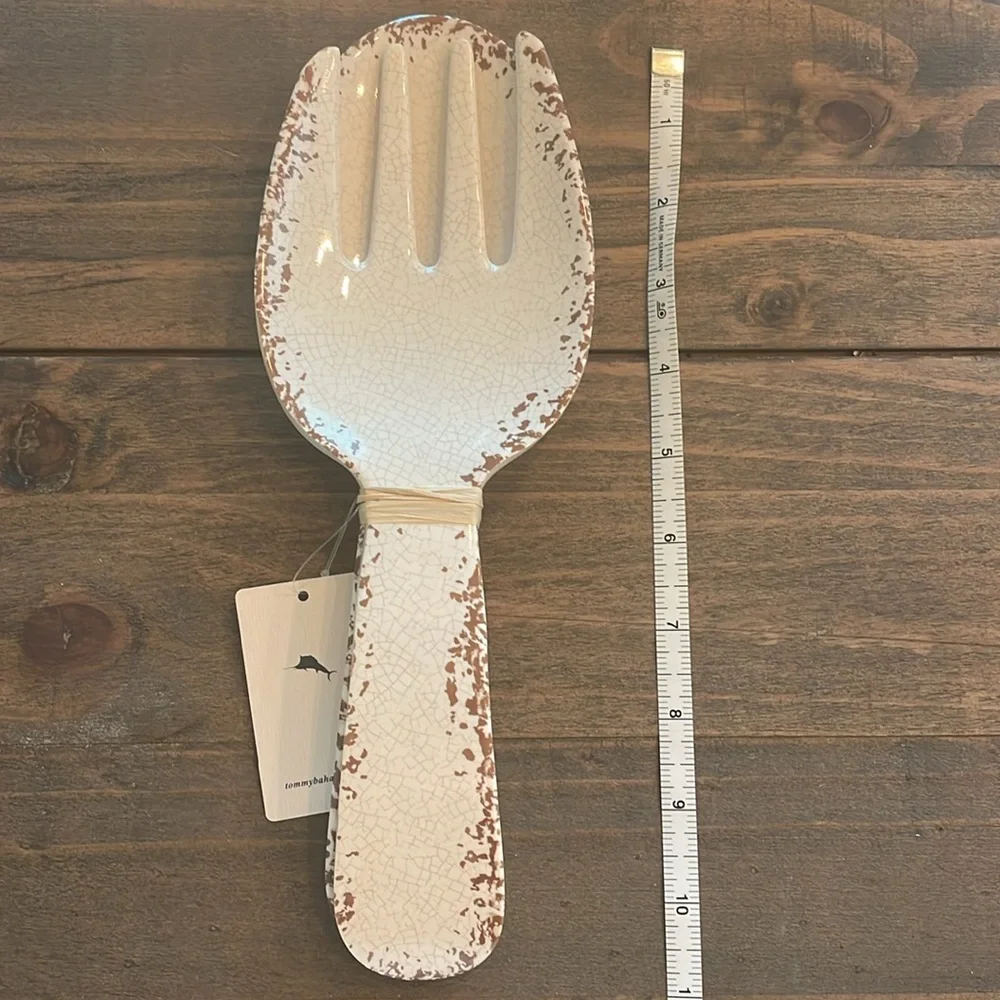 NWT Tommy Bahama Off White Rustic Crackled Salad Server Set Serving Spoon Fork